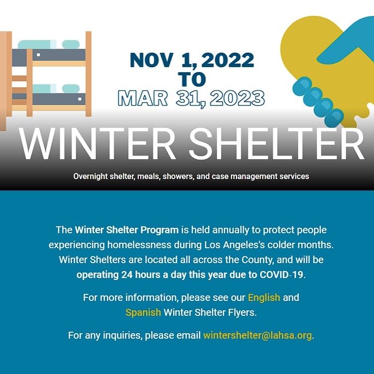 Flyer image describing the Winter Shelter Program from November 1, 2022 to March 31, 2023. 